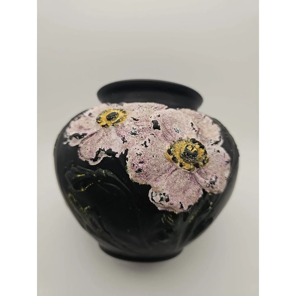 Antique Tiffin Coralene Embossed Handpainted Poppy Vase Black Satin On Amethyst